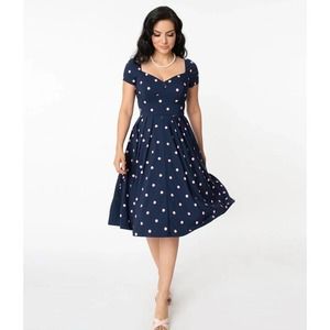 Unique Vintage Plus Size Blue Pink Polka Dot 1950s Style Midge Fit Flare Dress